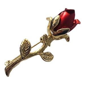 Vintage Gold Tone Red Rose Brooch Pin 2" Excellent Cottagecore